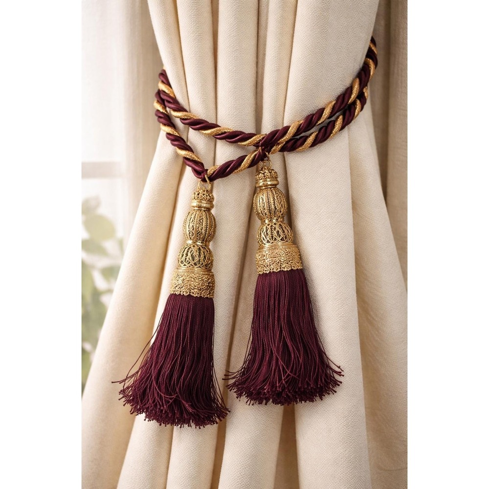 Vintage Maroon Gold Curtain Tiebacks 6ft Decorative Tassel Rope Pair